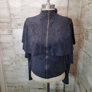 Black Cape-Style Blouse with Gold Zipper
